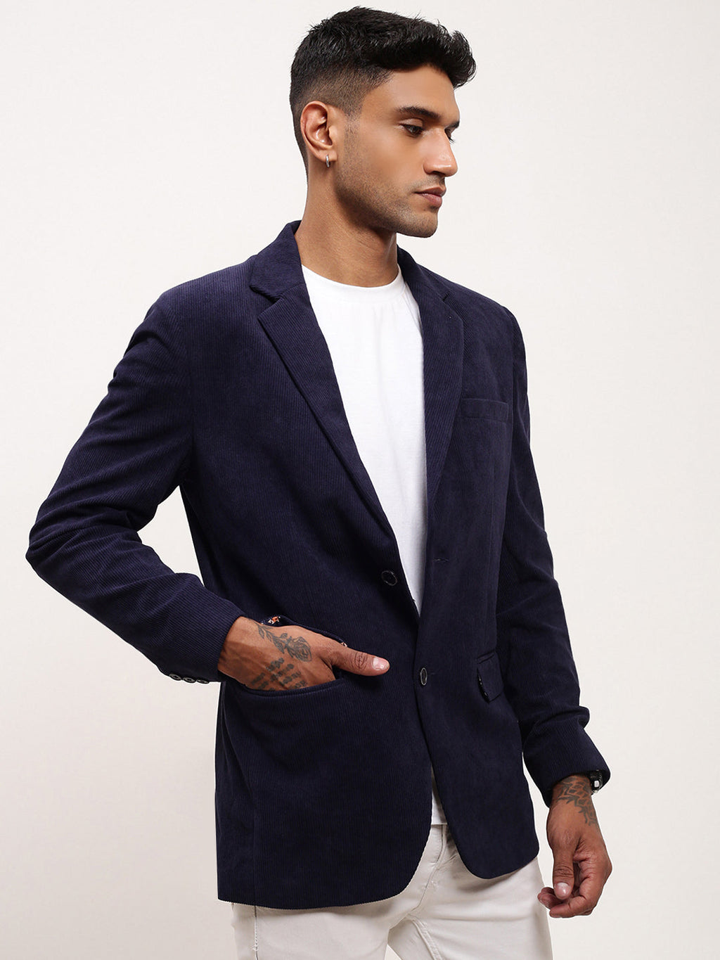 Men's Navy Blue Solid Single Breasted Blazer