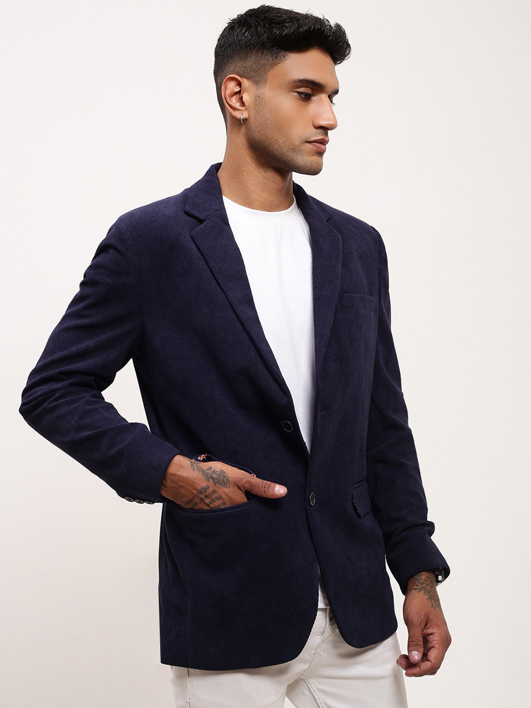 Men's Navy Blue Solid Single Breasted Blazer