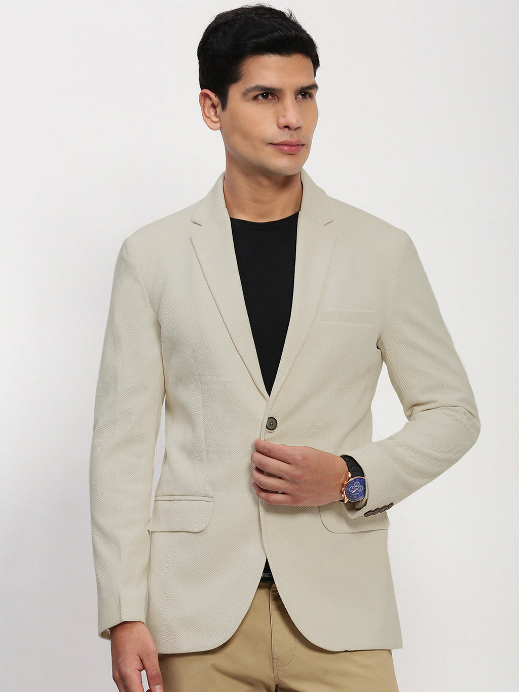 Men's Beige Solid Single Breasted Blazer