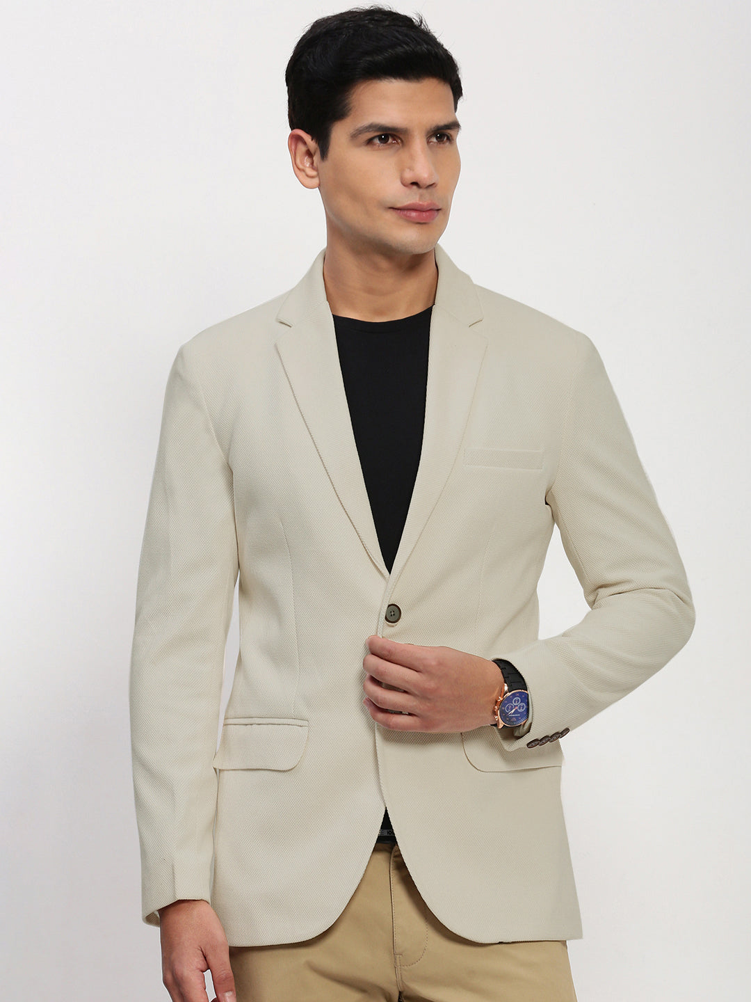 Men's Beige Solid Single Breasted Blazer
