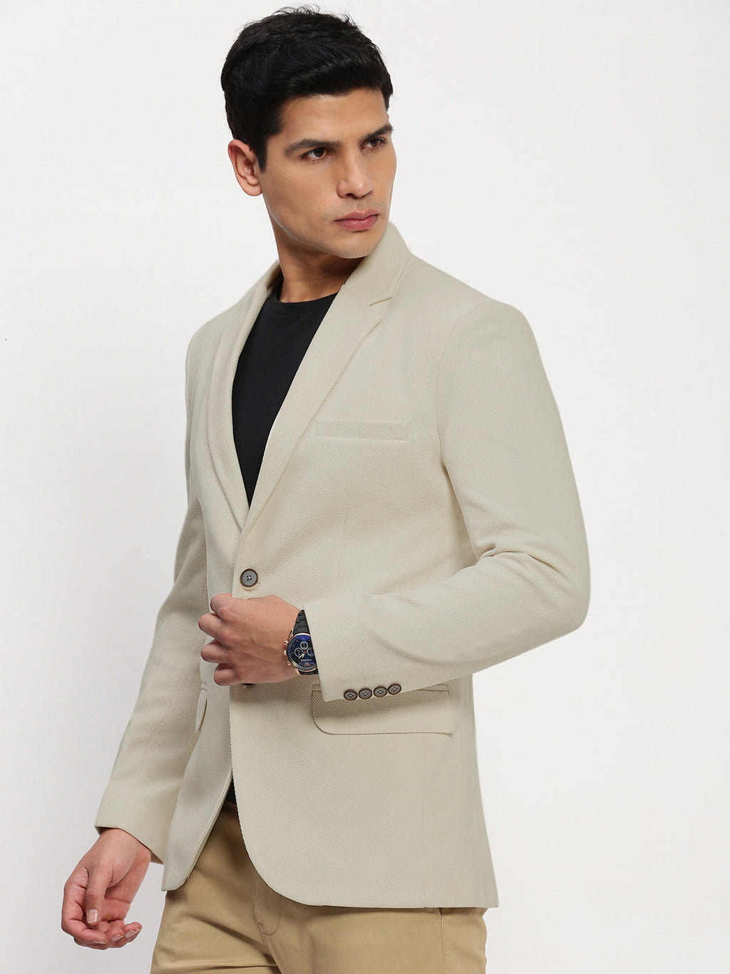 Men's Beige Solid Single Breasted Blazer