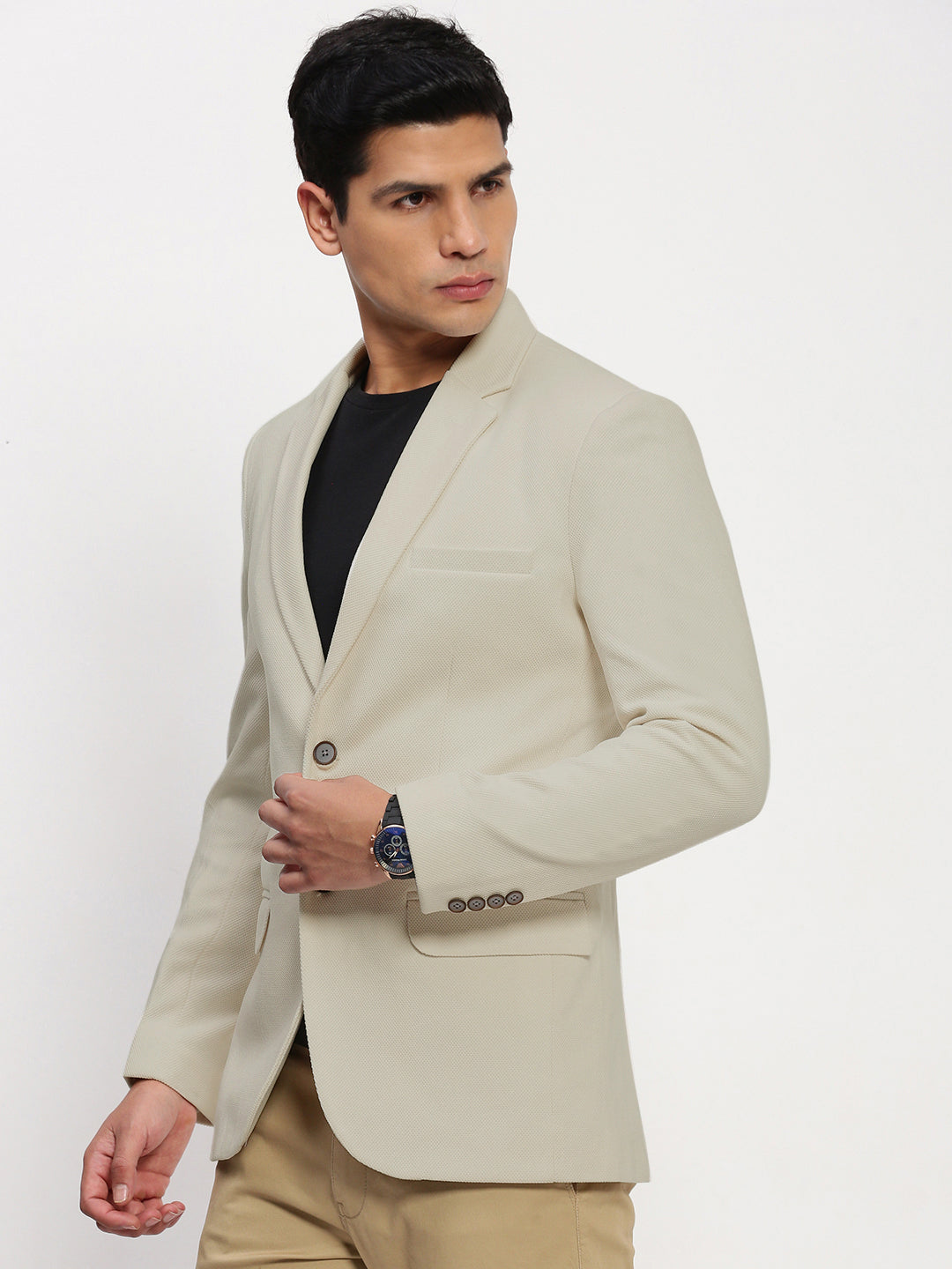 Men's Beige Solid Single Breasted Blazer