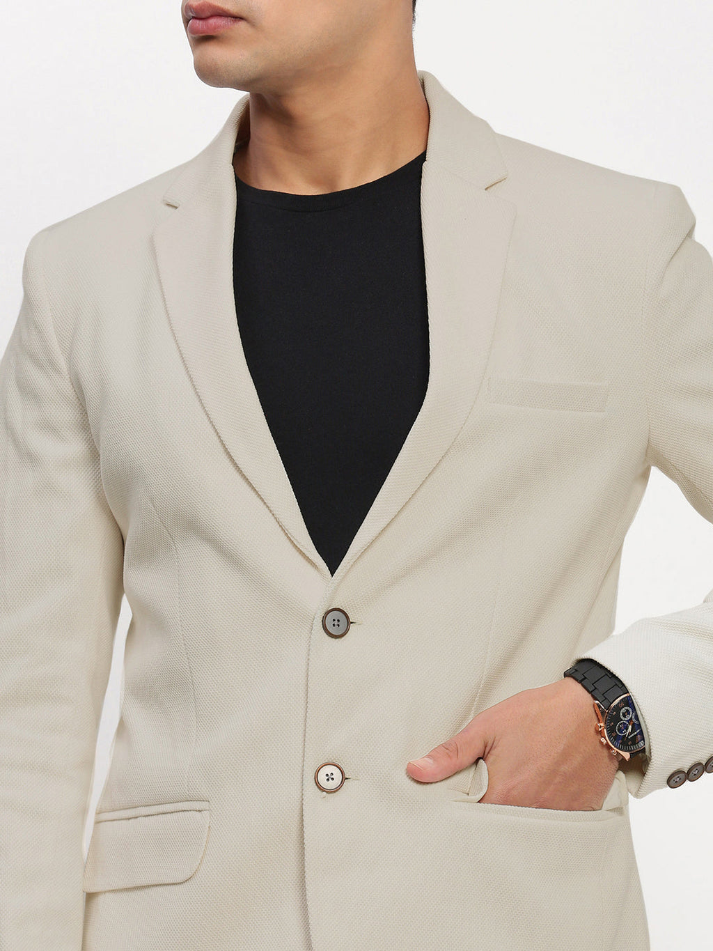 Men's Beige Solid Single Breasted Blazer