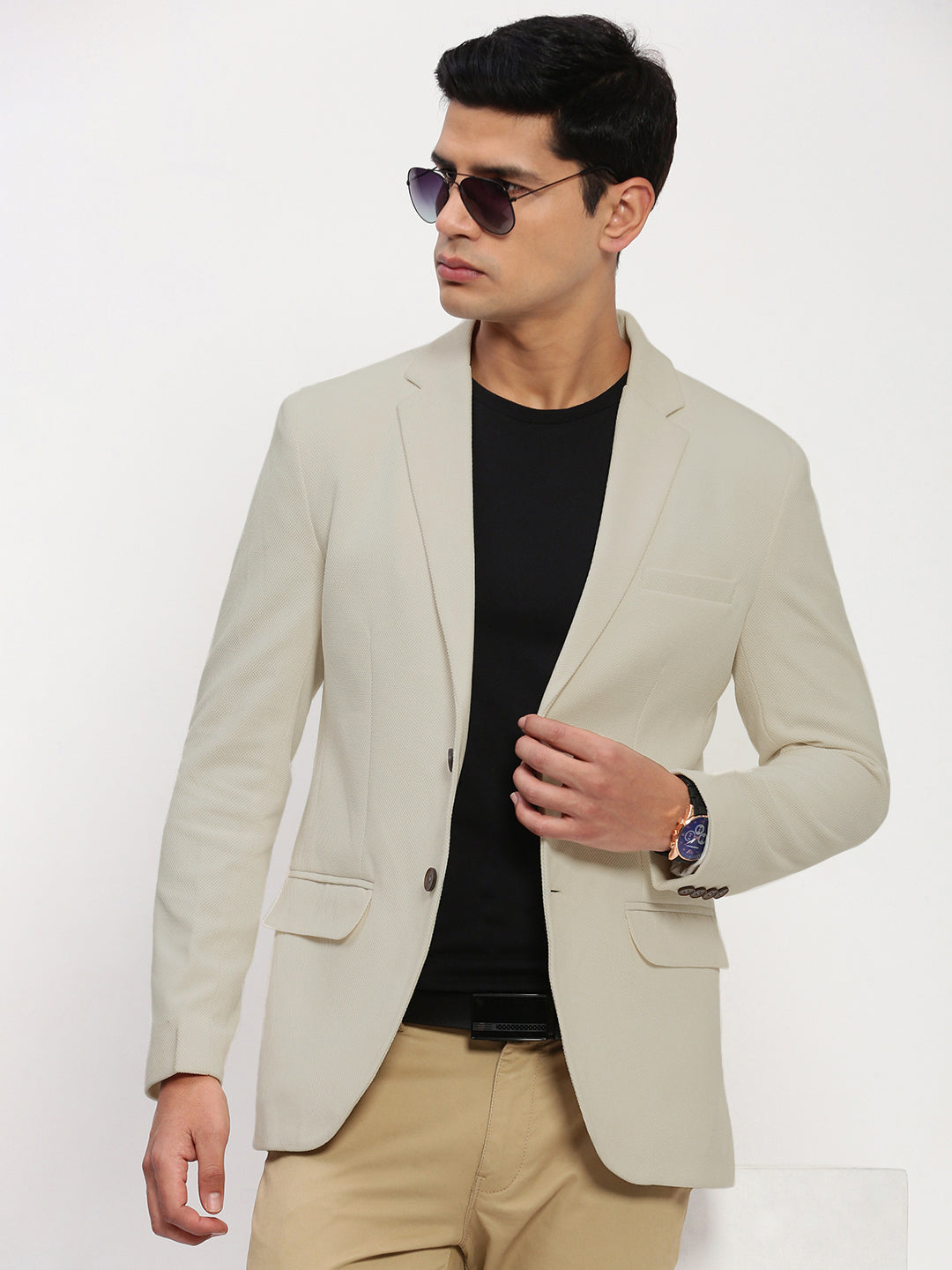 Men's Beige Solid Single Breasted Blazer