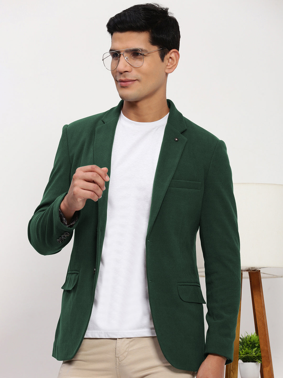 Men's Dark Green Solid Single Breasted Blazer