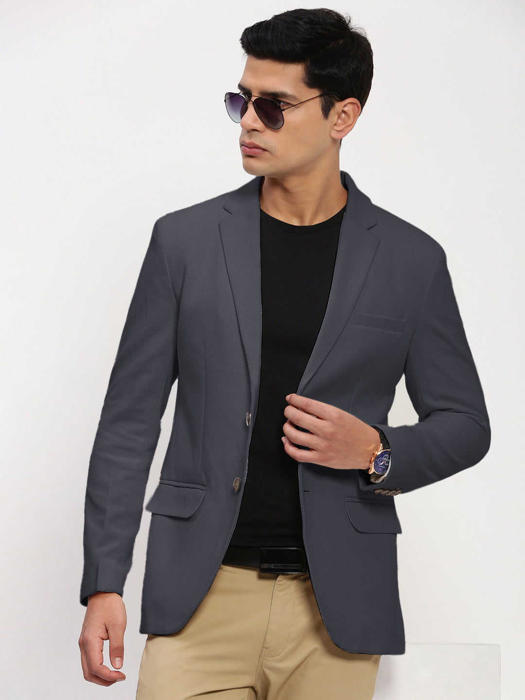 Men's Grey Solid Single Breasted Blazer