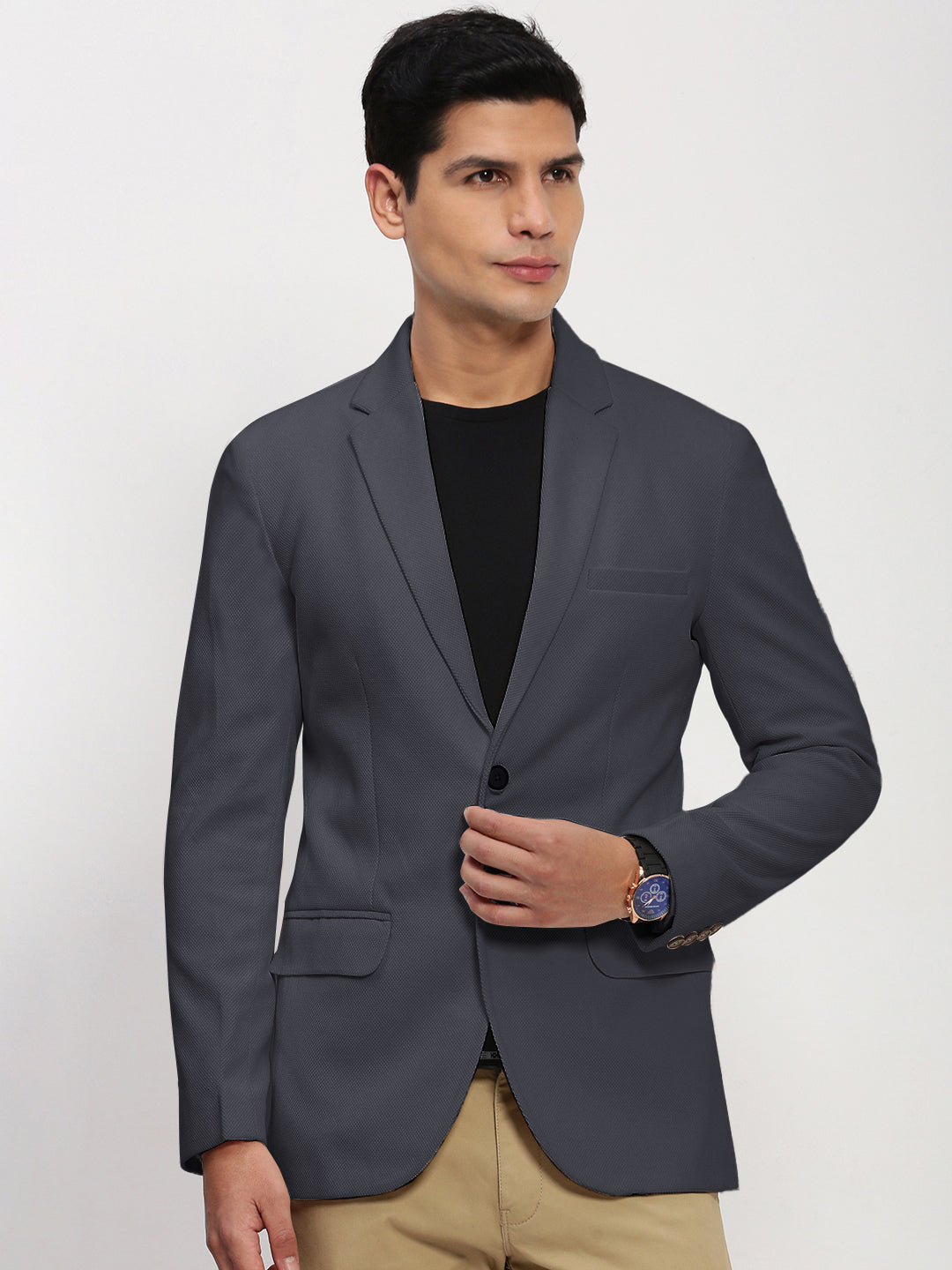 Men's Grey Solid Single Breasted Blazer