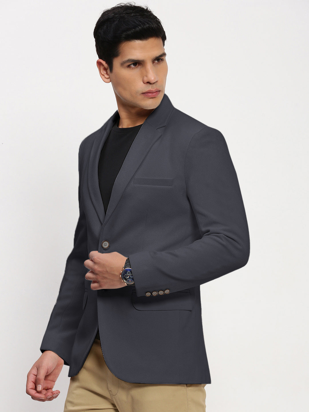 Men's Grey Solid Single Breasted Blazer