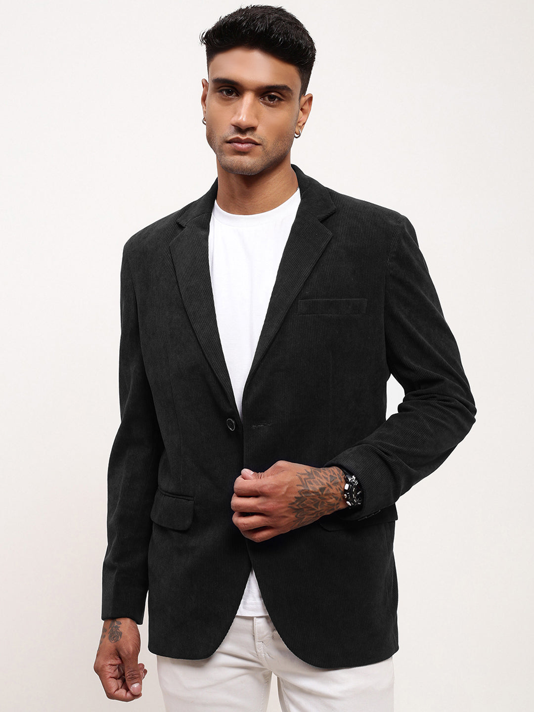Men's Black Solid Single Breasted Blazer