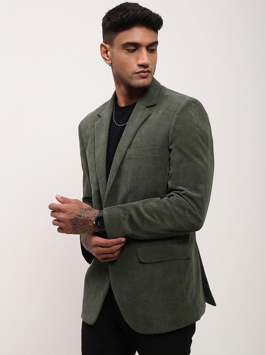 Men's Green Solid Single Breasted Blazer