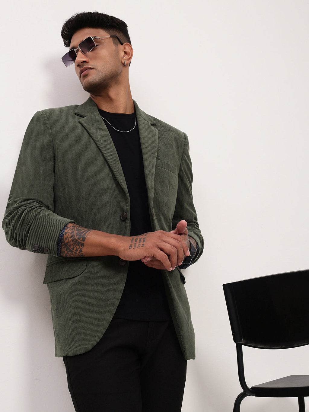 Men's Green Solid Single Breasted Blazer