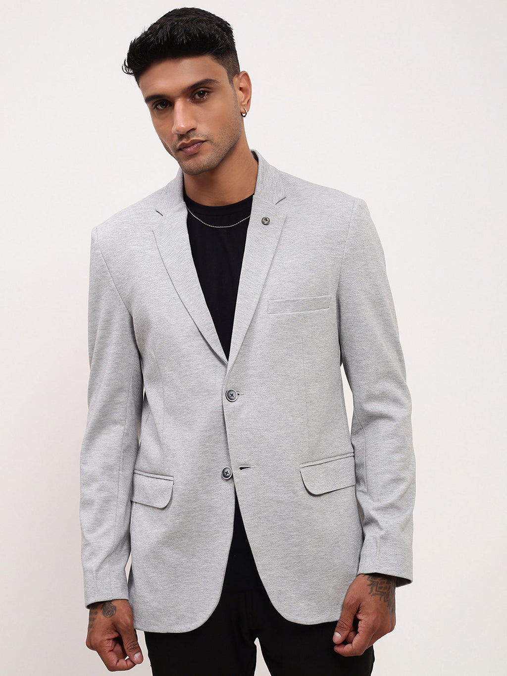 Men's Grey Slim-Fit Notched Lapel Single-Breasted Cotton Blazer