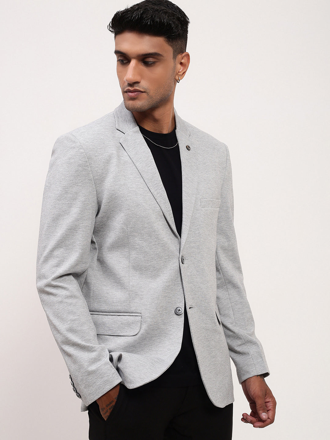 Men's Grey Slim-Fit Notched Lapel Single-Breasted Cotton Blazer