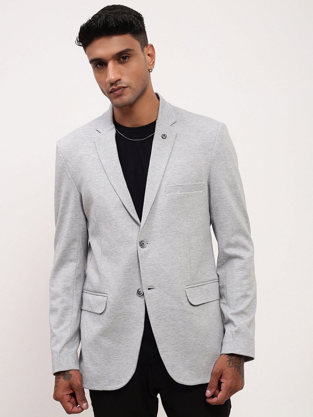 Men's Grey Solid Single Breasted Blazer