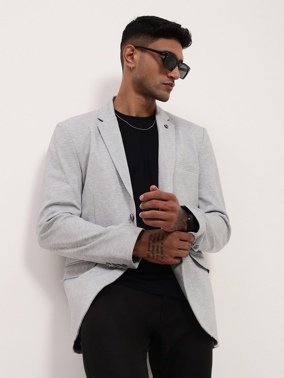Men's Grey Solid Single Breasted Blazer