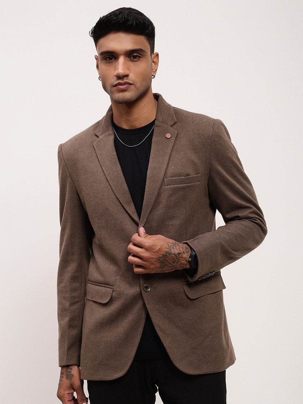 Men's Brown Solid Notched Lapel Single Breasted Blazer