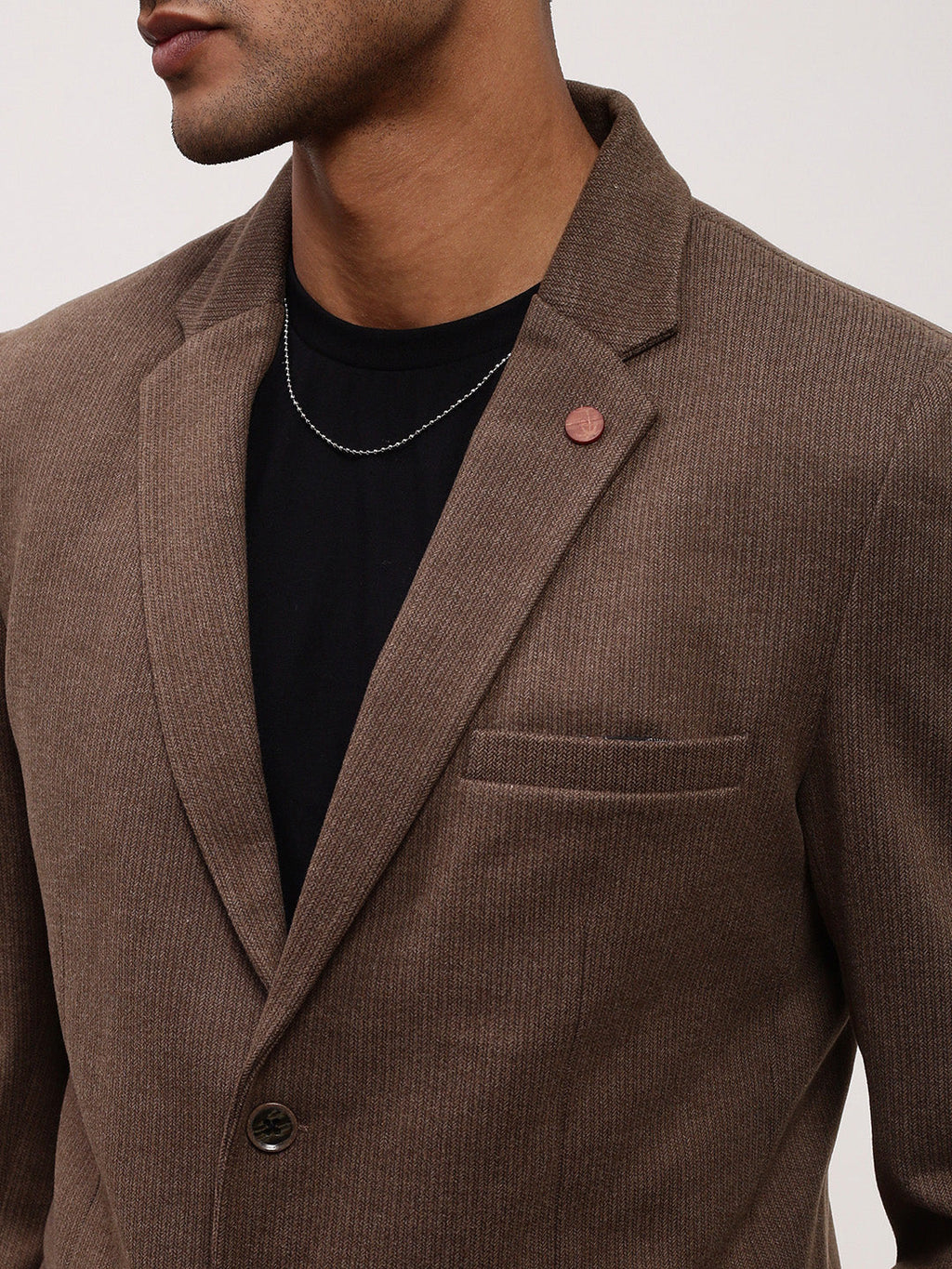 Men's Brown Solid Notched Lapel Single Breasted Blazer