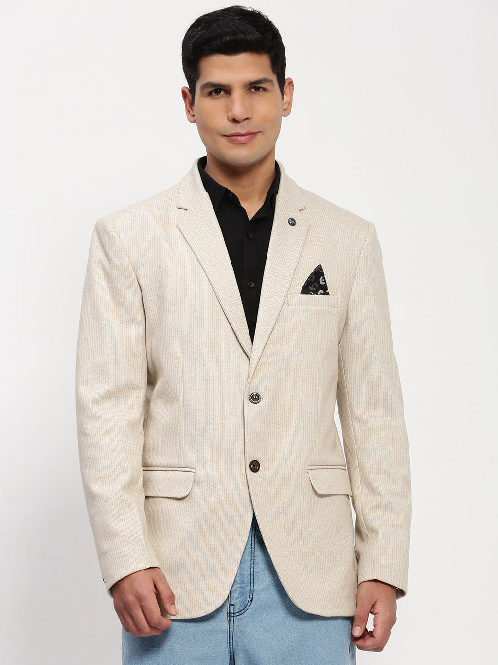 Men's Cream Solid Single Breasted Blazer