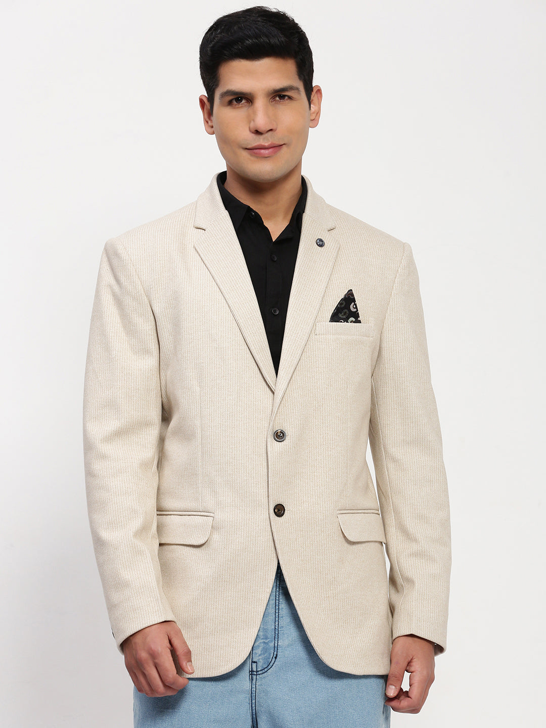 Men's Cream Solid Single Breasted Blazer