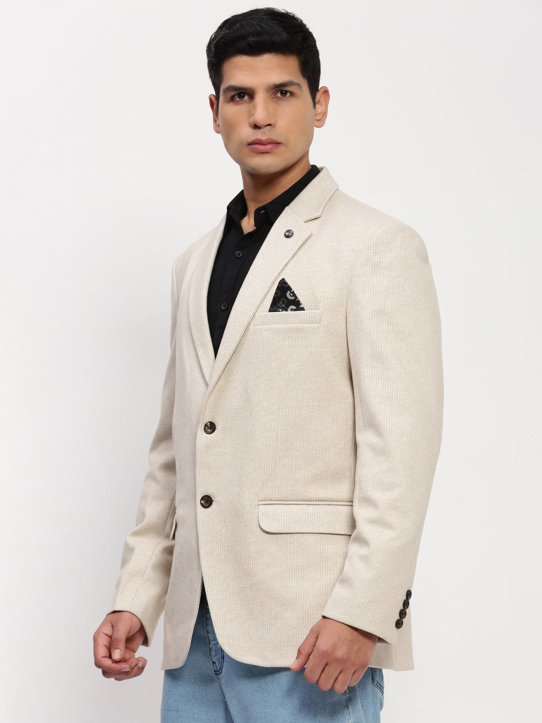 Men's Cream Solid Single Breasted Blazer