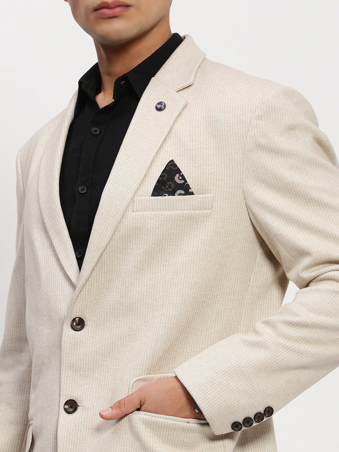 Men's Cream Solid Single Breasted Blazer