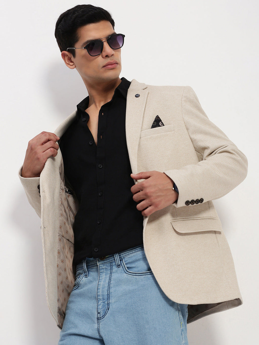 Men's Cream Solid Single Breasted Blazer
