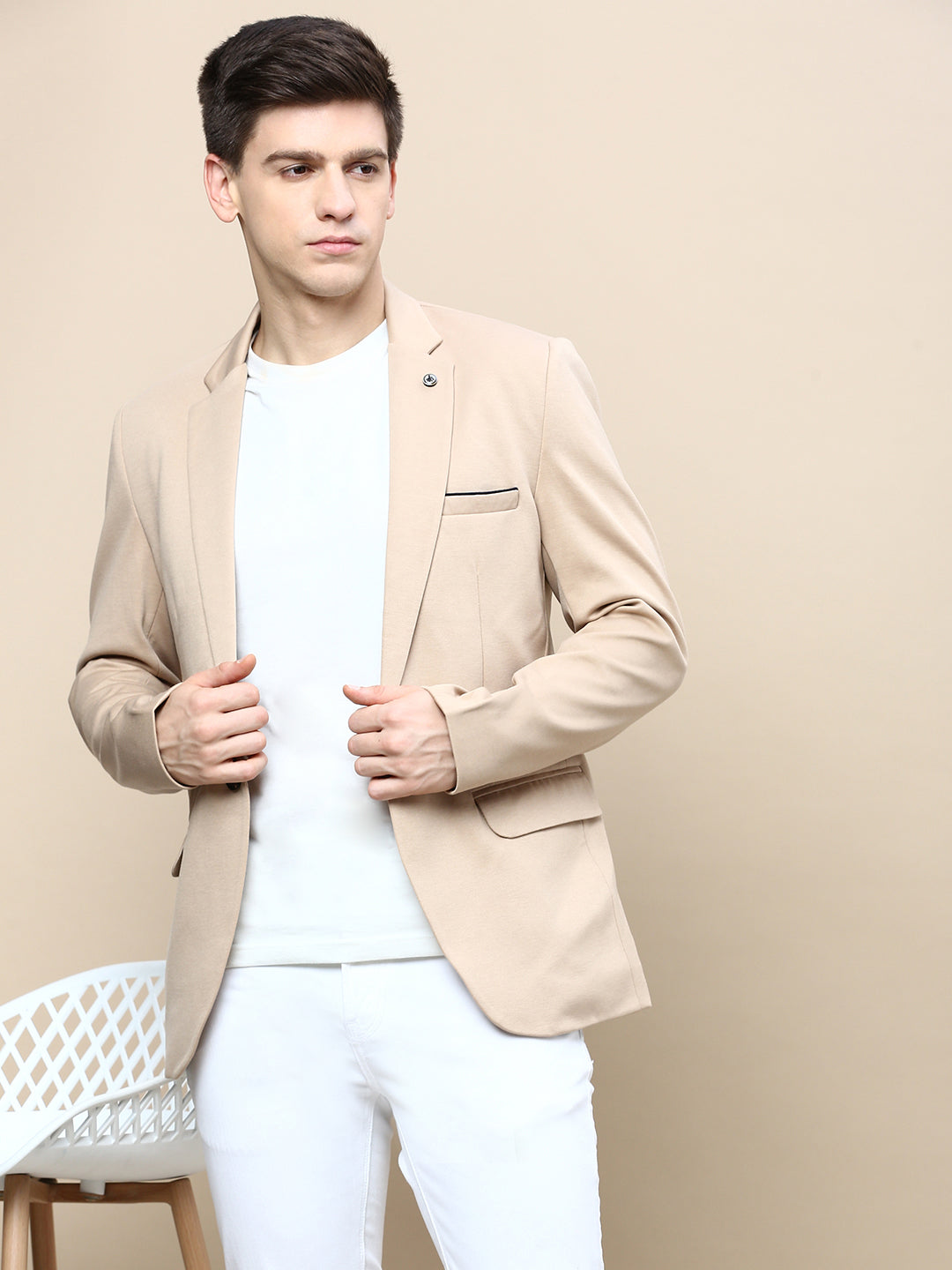 Men's Beige Notched Lapel Slim-Fit Single Breasted Blazer