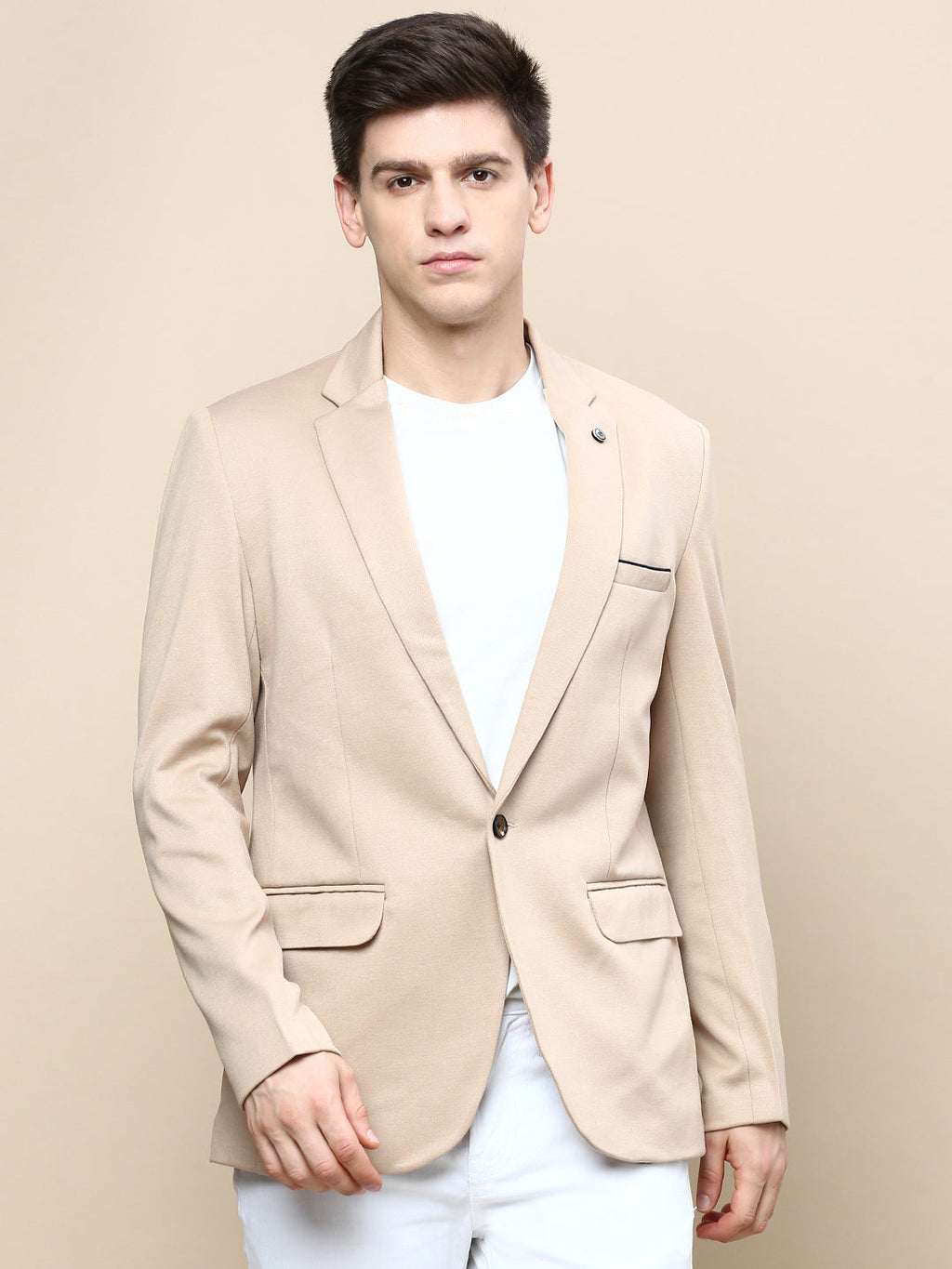 Men's Beige Notched Lapel Slim-Fit Single Breasted Blazer
