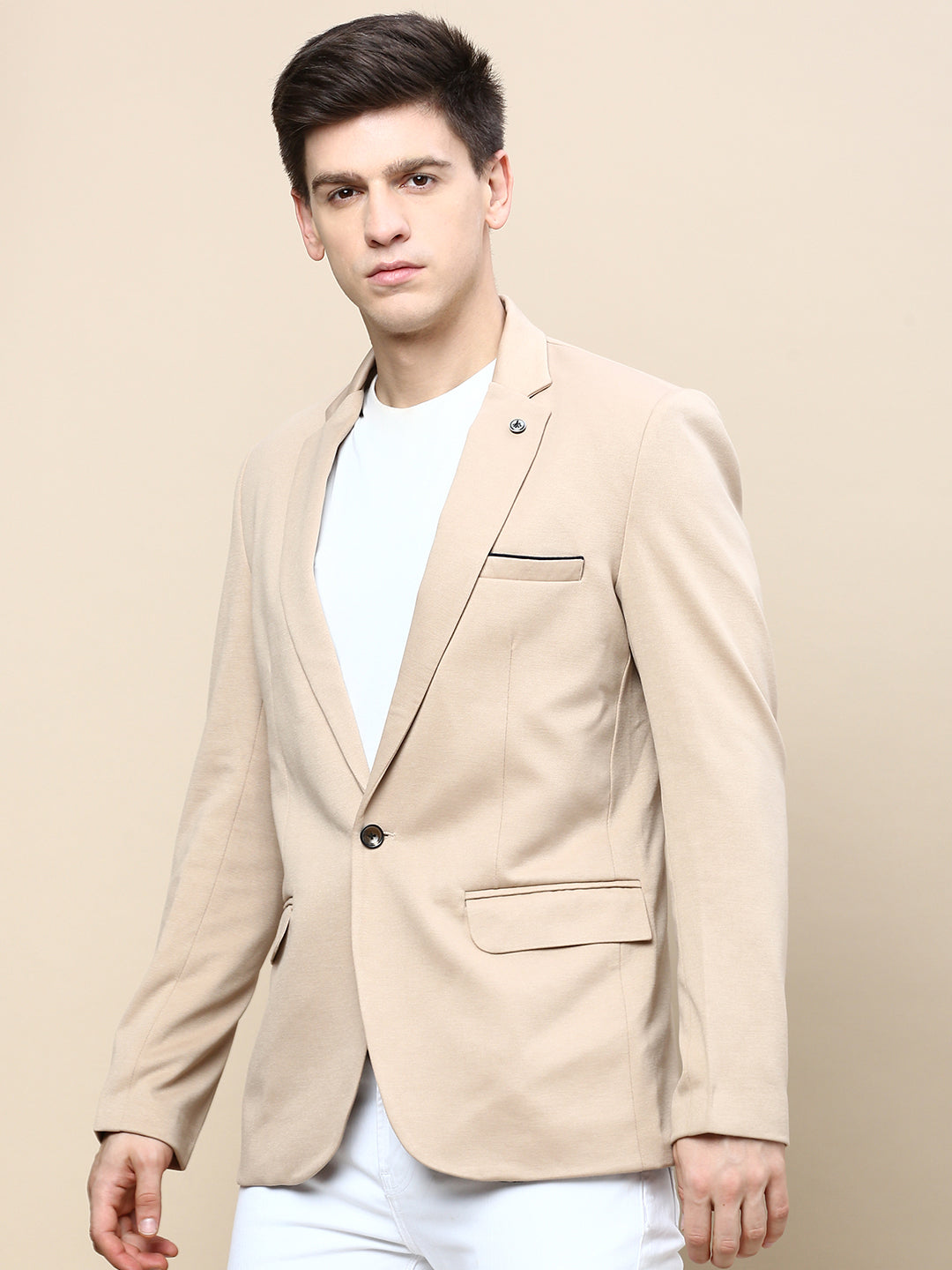 Men's Beige Notched Lapel Slim-Fit Single Breasted Blazer