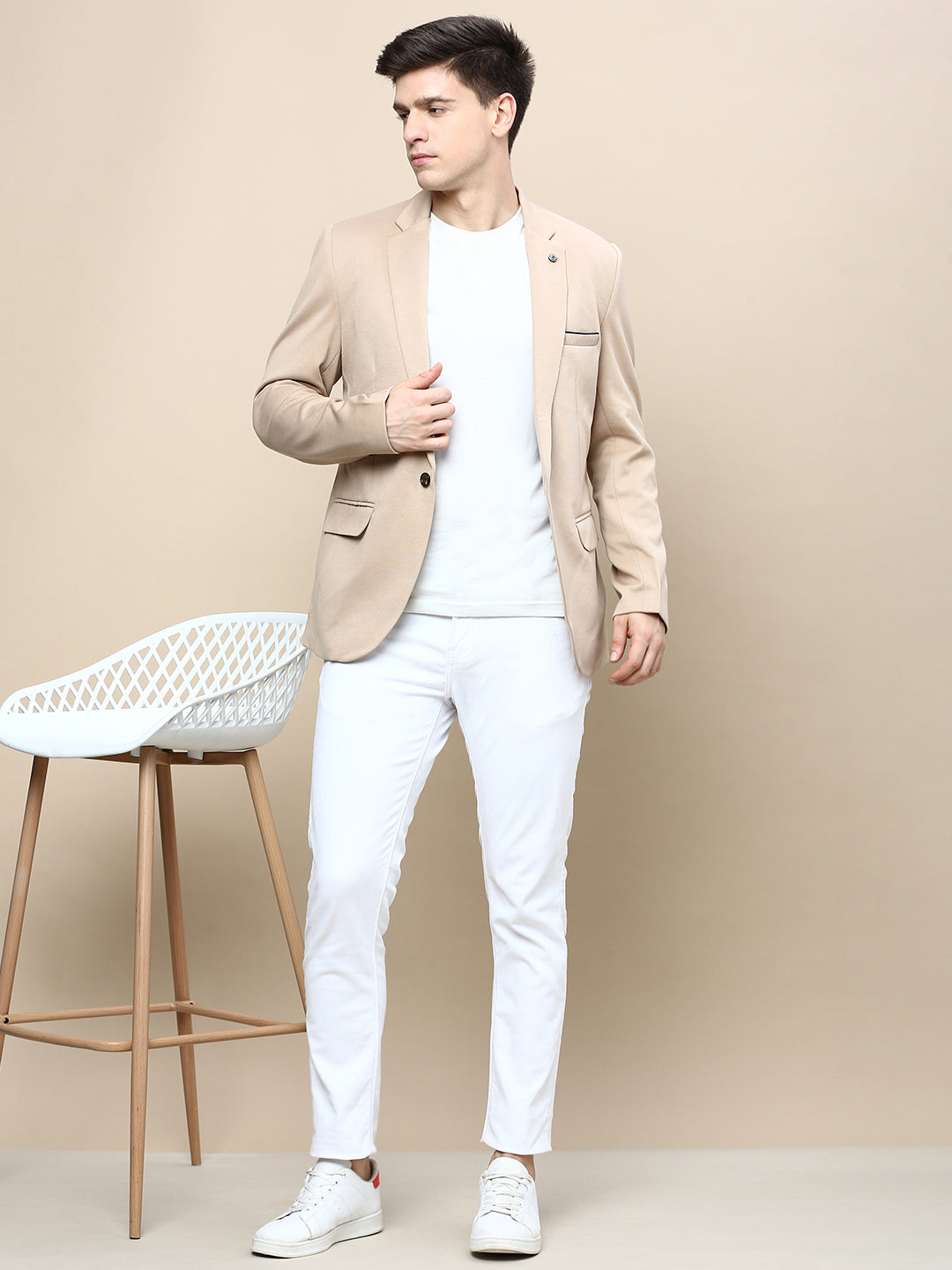 Men's Beige Notched Lapel Slim-Fit Single Breasted Blazer