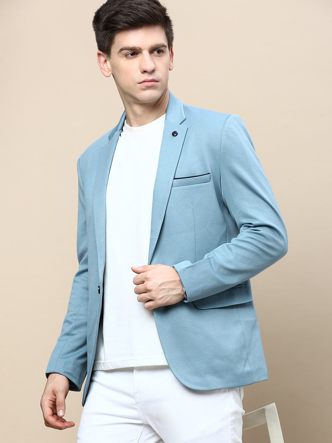 Men's Turquoise Blue Slim-Fit Single Breasted Cotton Blazer