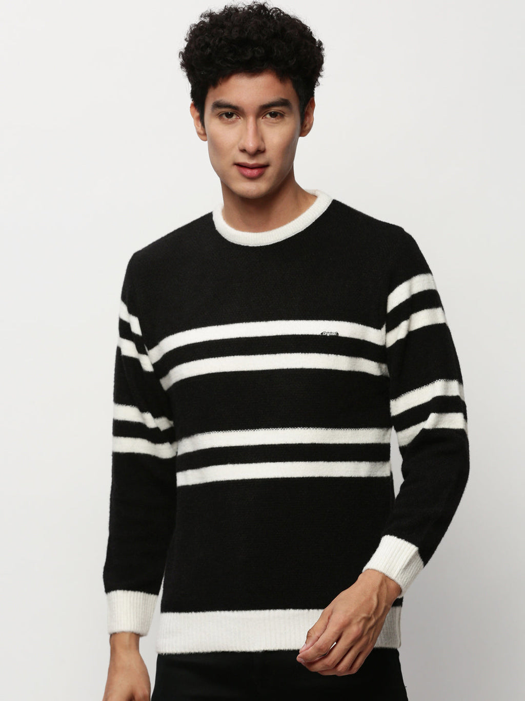 Men's Black Striped Acrylic Pullover