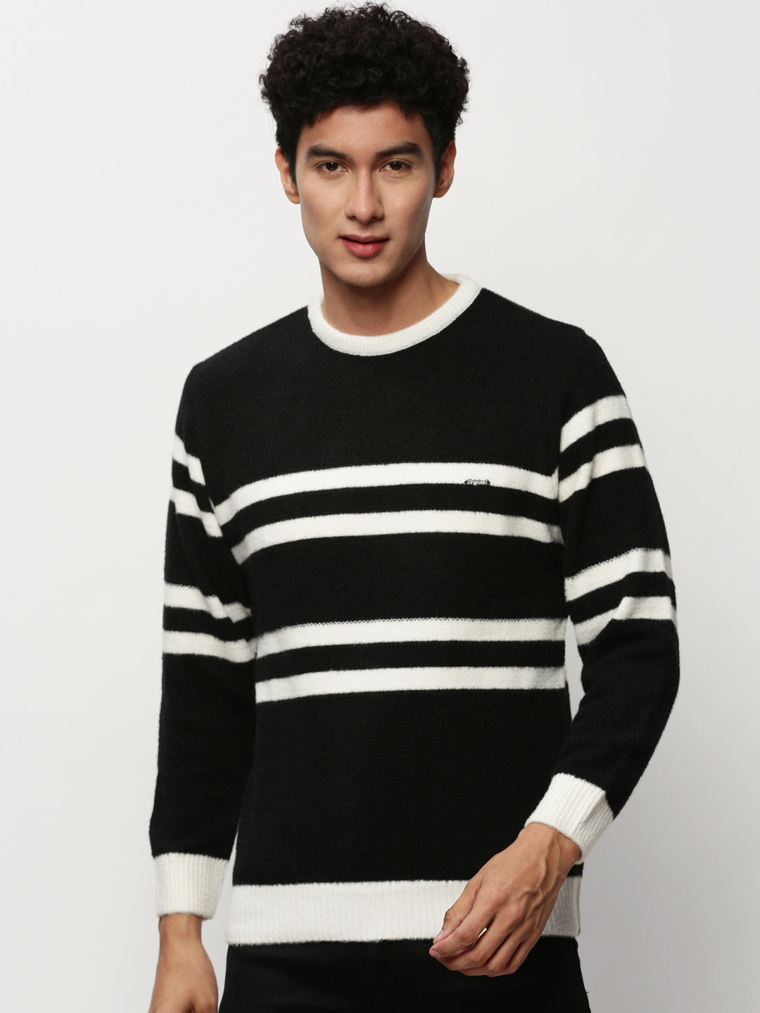 Men's Black Striped Acrylic Pullover