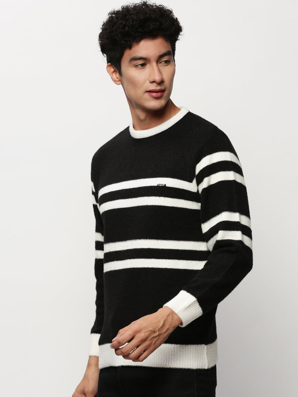 Men's Black Striped Acrylic Pullover