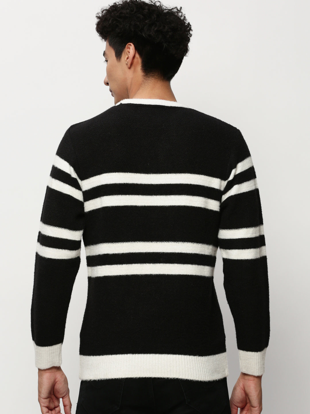Men's Black Striped Acrylic Pullover