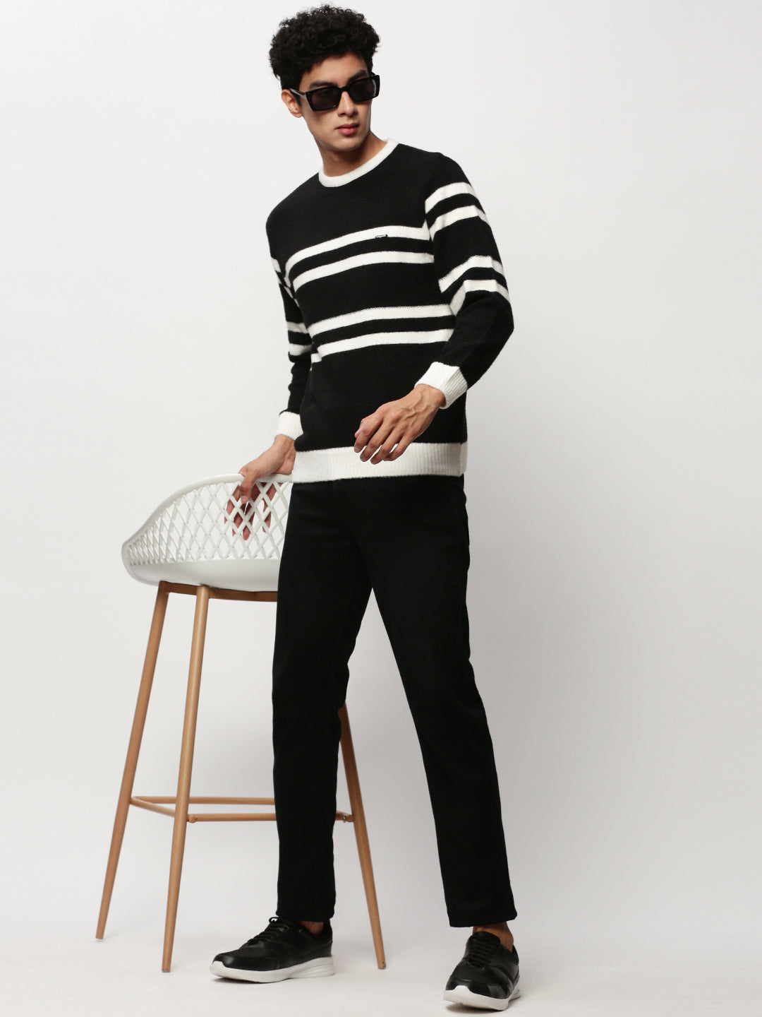 Men's Black Striped Acrylic Pullover