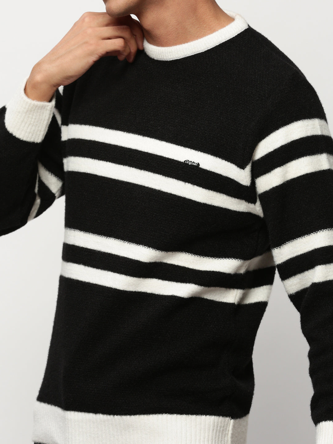 Men's Black Striped Acrylic Pullover