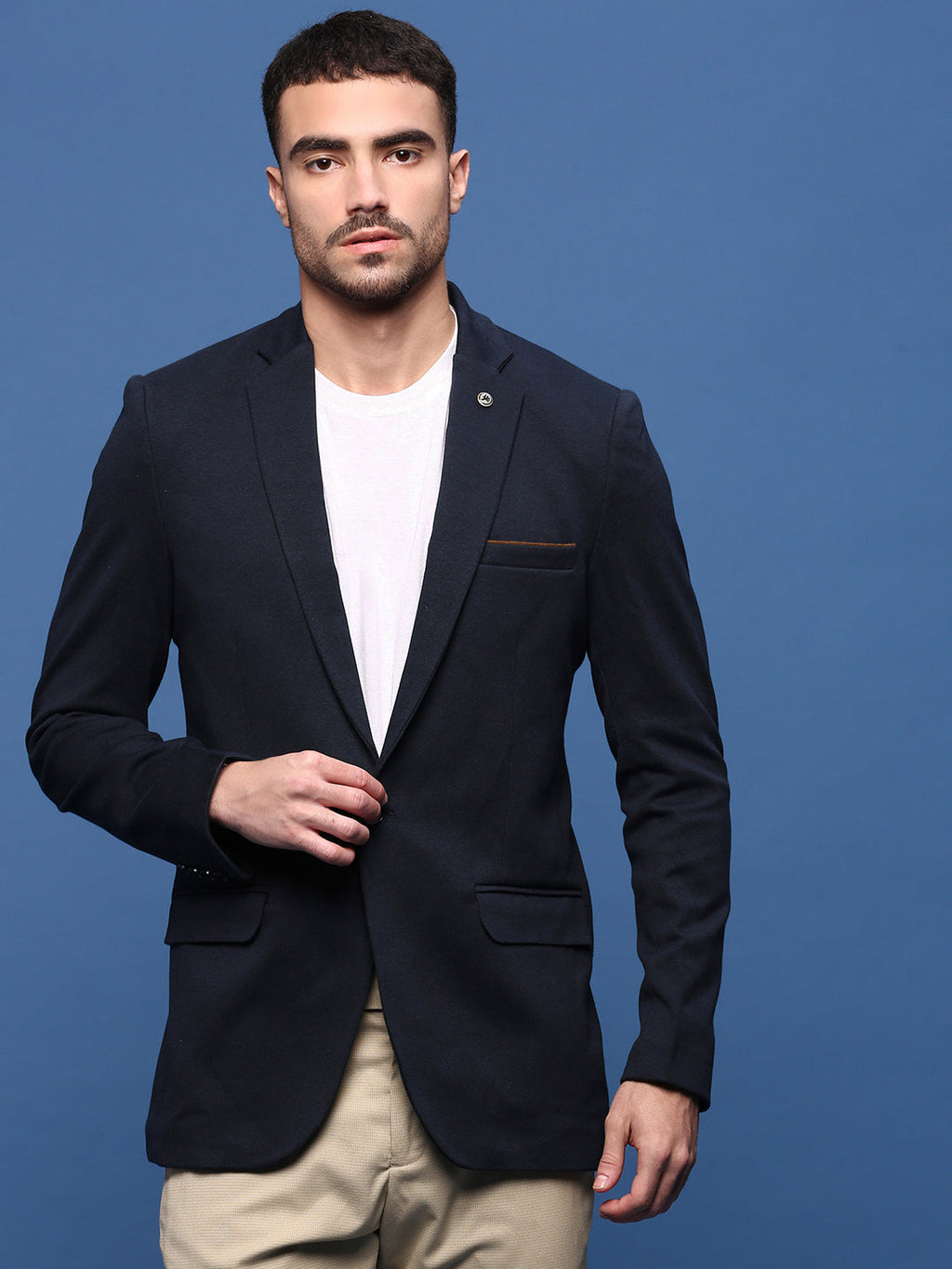 Men's Navy Blue Slim Fit Single Breasted Notched Lapel Collar Cotton Blazers