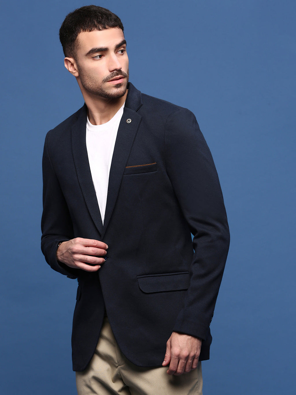 Men's Navy Blue Slim Fit Single Breasted Notched Lapel Collar Cotton Blazers