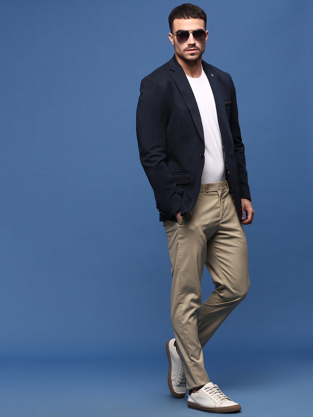 Men's Navy Blue Slim Fit Single Breasted Notched Lapel Collar Cotton Blazers