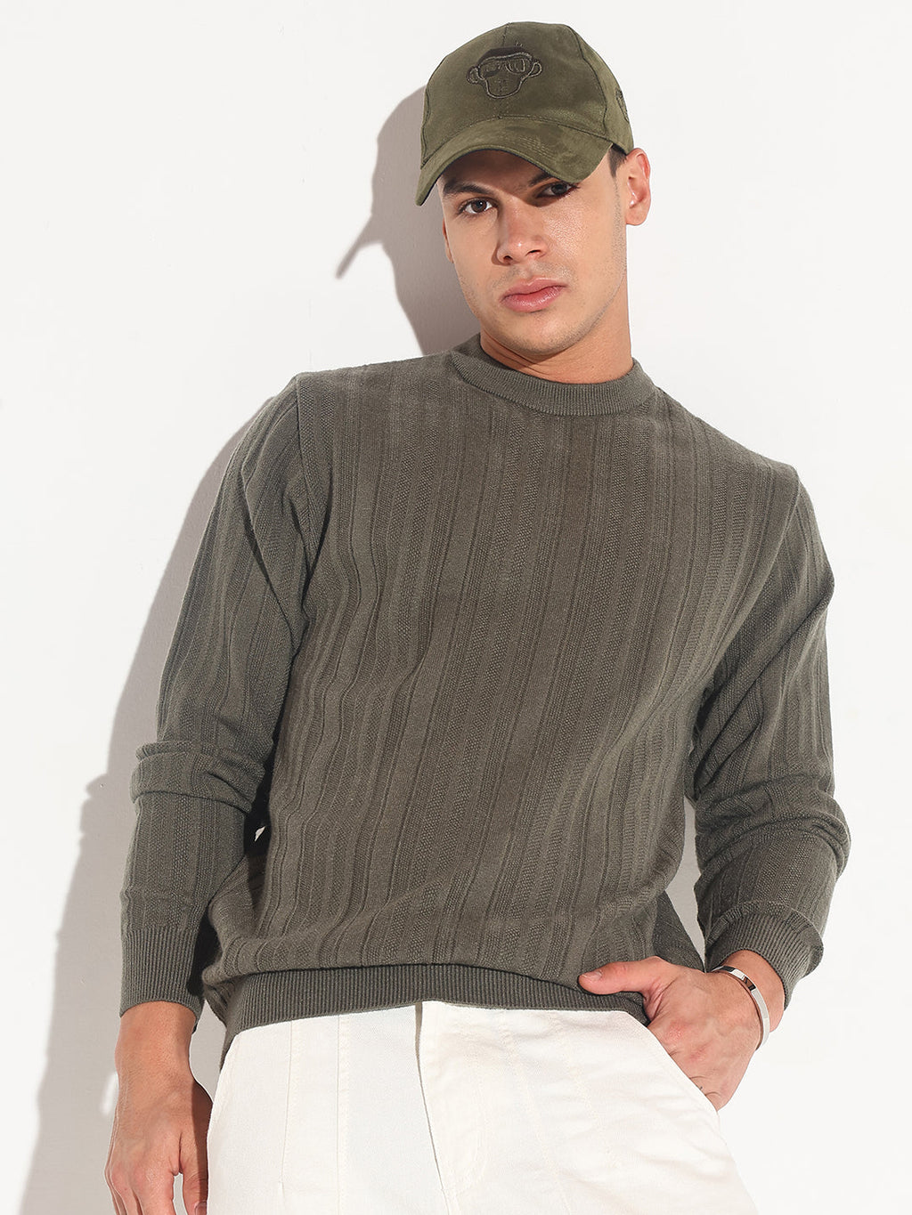 Men's Olive Ribbed Round Neck Sweater