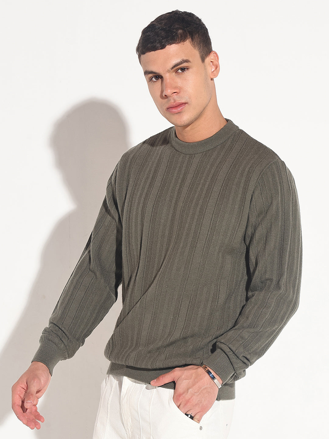 Men's Olive Ribbed Round Neck Sweater