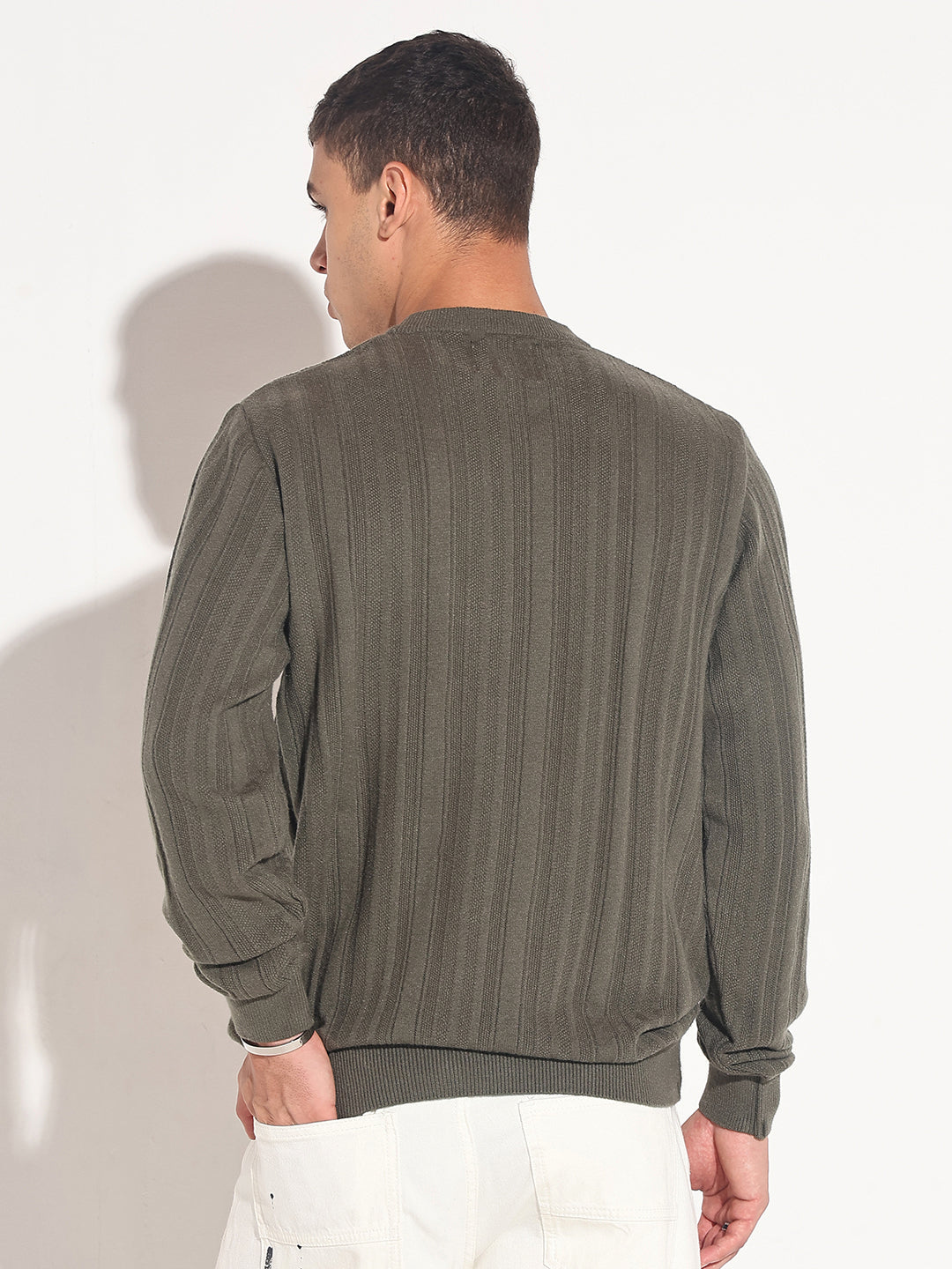Men's Olive Ribbed Round Neck Sweater