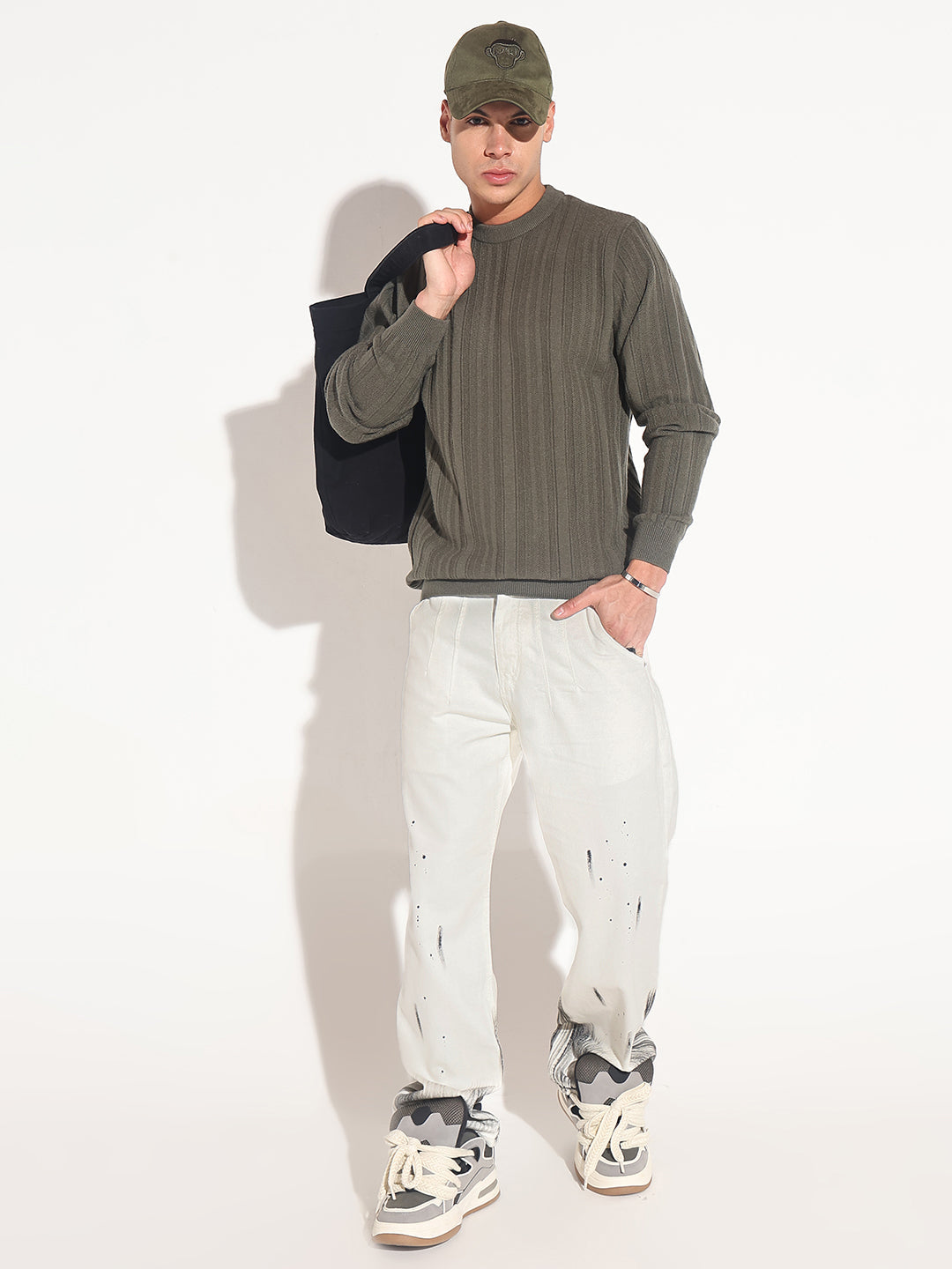 Men's Olive Ribbed Round Neck Sweater