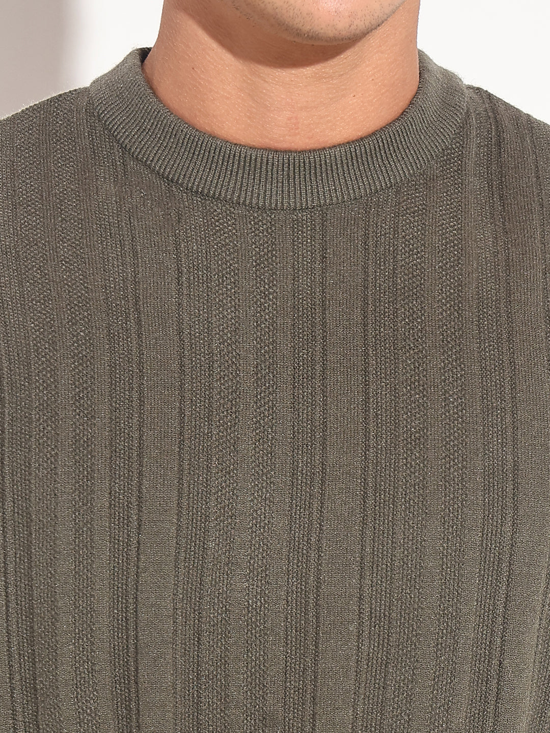Men's Olive Ribbed Round Neck Sweater