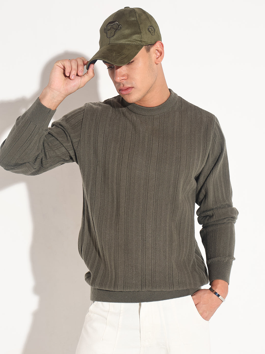 Men's Olive Ribbed Round Neck Sweater