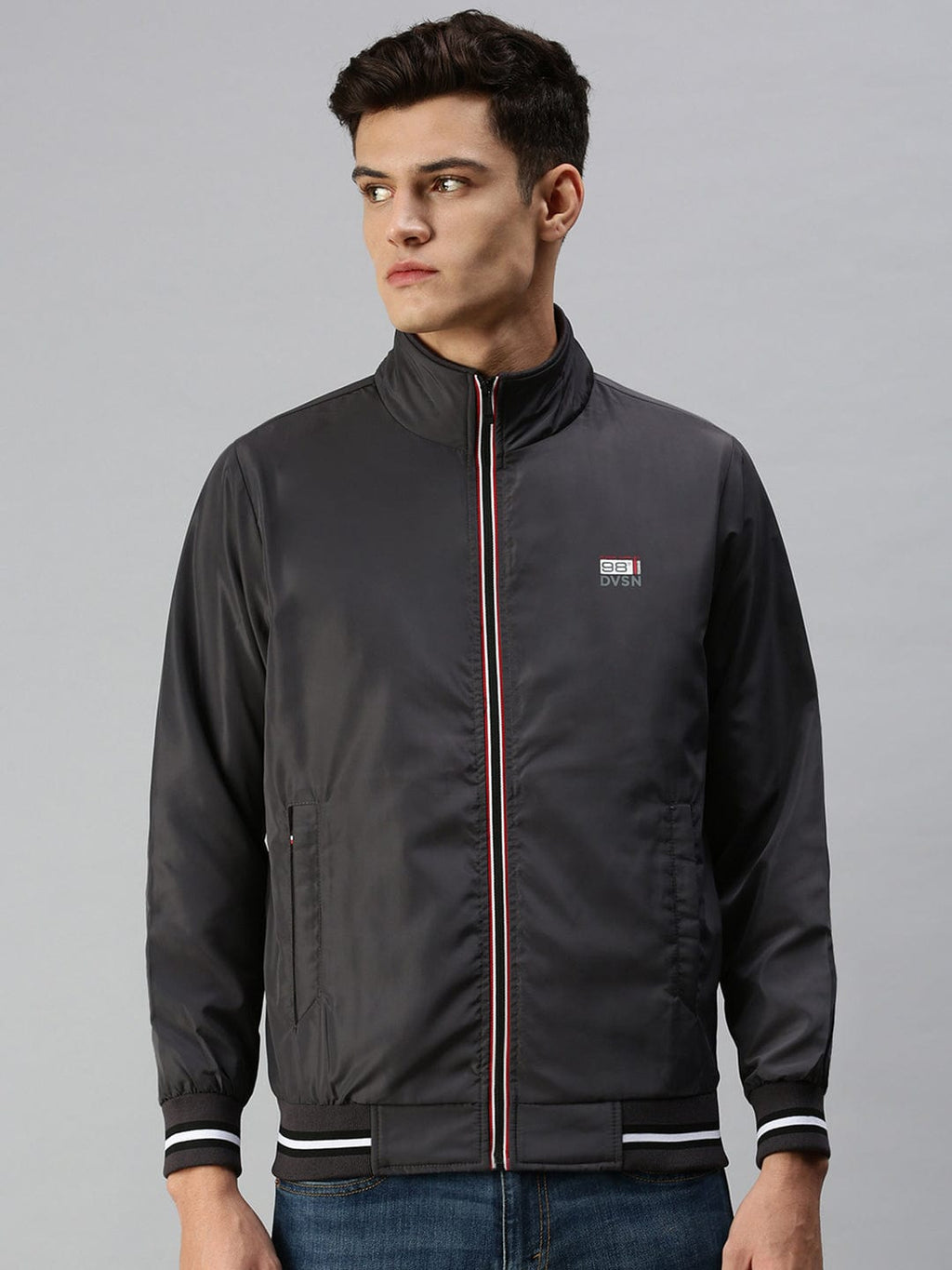 Men's Grey Solid Bomber with Patchwork Jacket