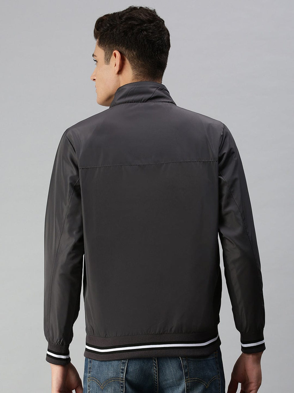 Men's Grey Solid Bomber with Patchwork Jacket