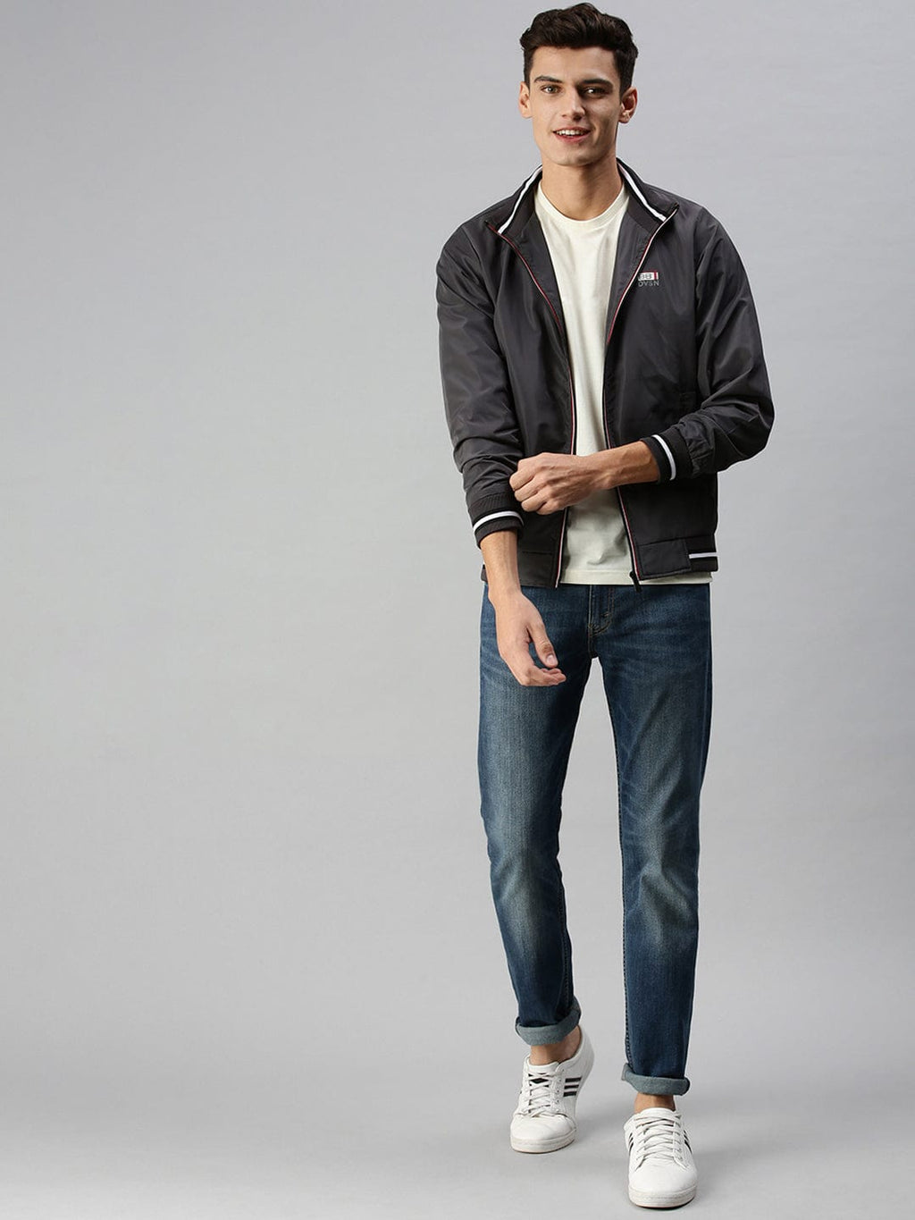 Men's Grey Solid Bomber with Patchwork Jacket