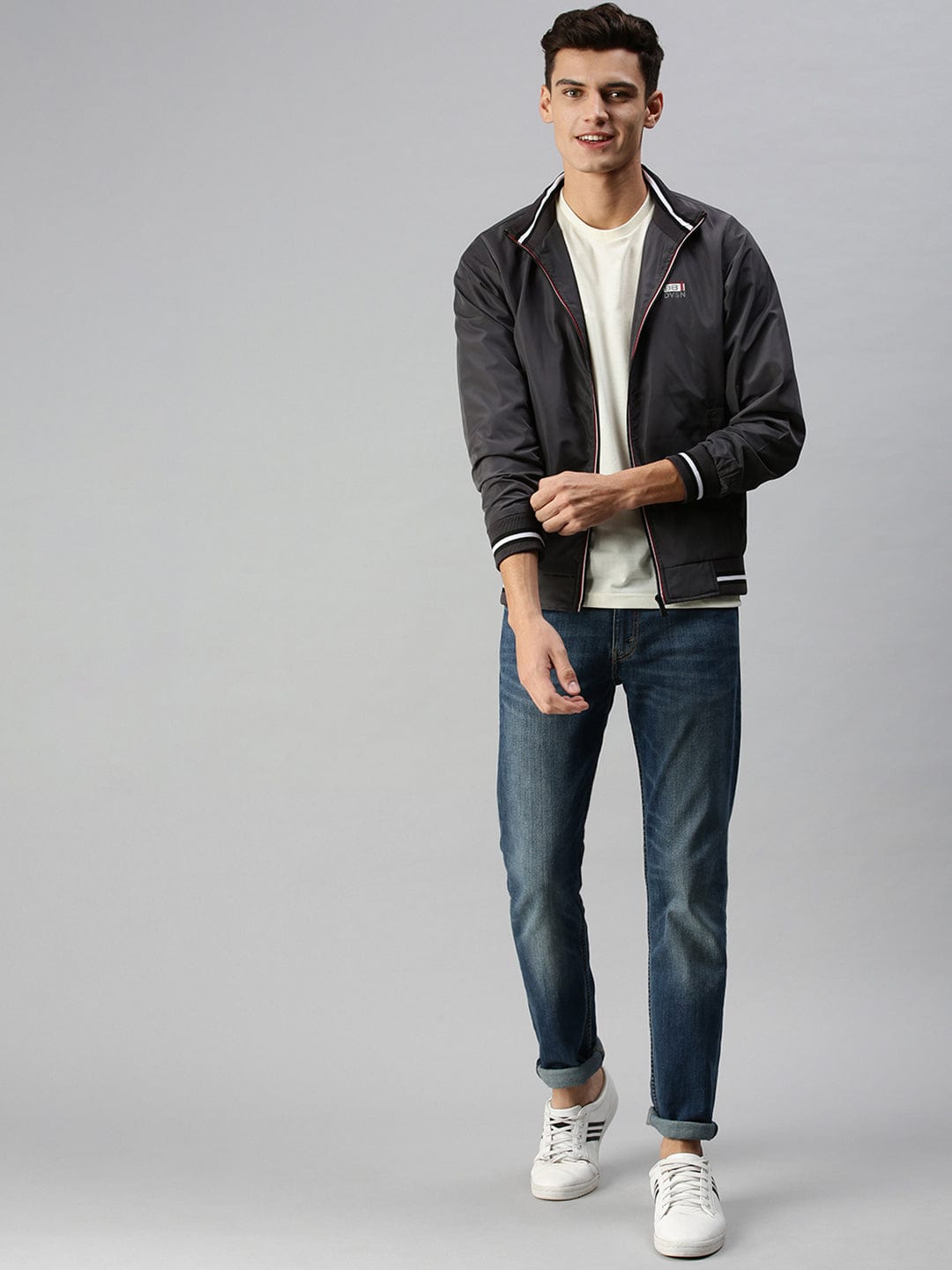 Men's Grey Solid Bomber with Patchwork Jacket